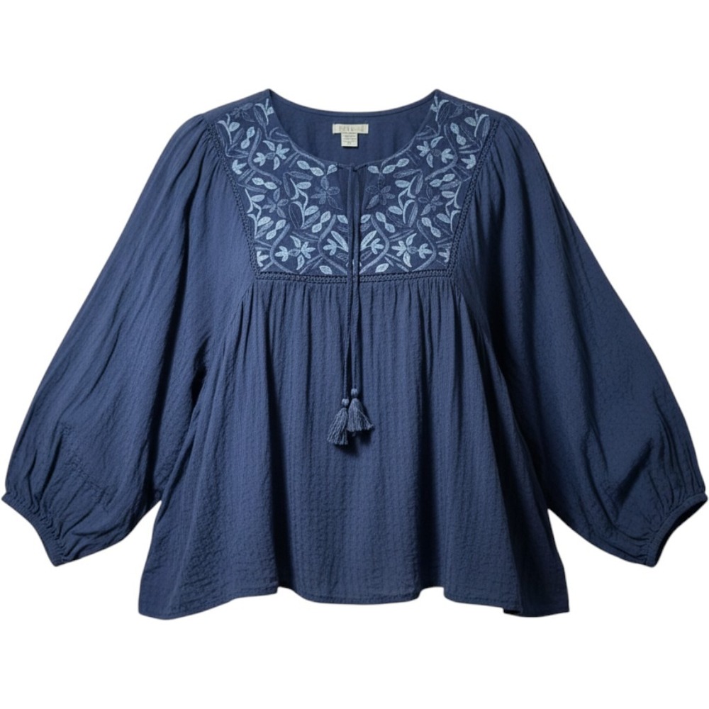 Falls Creek Peasant Blouse Womens 1X Navy Blue Embroidered Boho Tassel Top